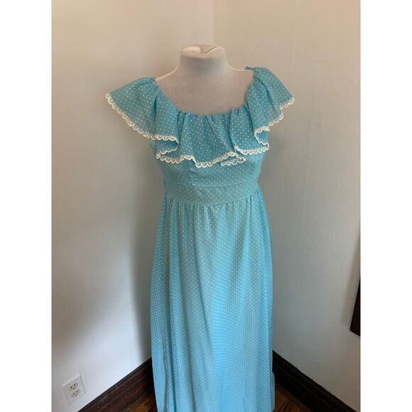 VTG 70s Boho Maxi Dress Blue Polka Dot Prairie Country Ruffle Gunne Handmade - Picture 8 of 16